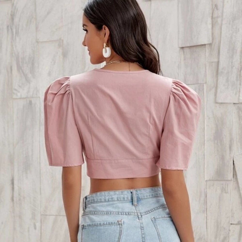 Plunging Neck Puff Sleeve Crop Top